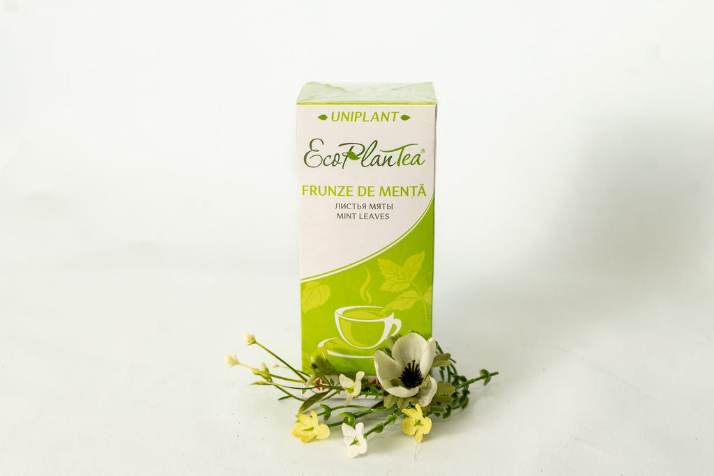 EcoPlantea mint leaves packaging with flowers on a white background